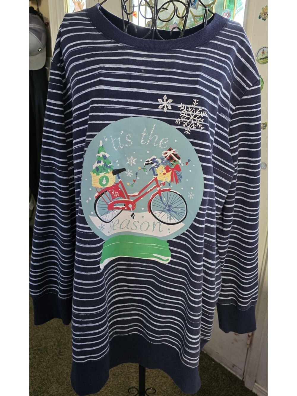 Woman Within 22/24W Blue Stripe Tis the Season Christmas Shirt Bike Tree Snow